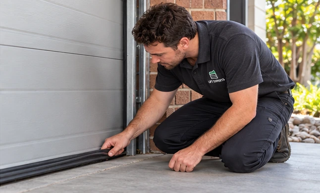 Lift Experts uniformed technician inspecting residential garage door equipment