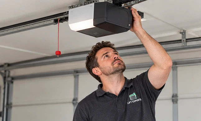 Lift Experts uniformed technician inspecting residential garage door equipment