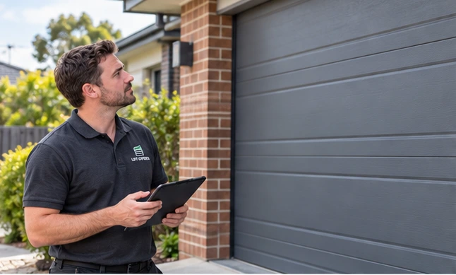 Lift Experts uniformed technician inspecting residential garage door equipment