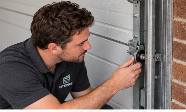 Lift Experts uniformed technician inspecting residential garage door equipment