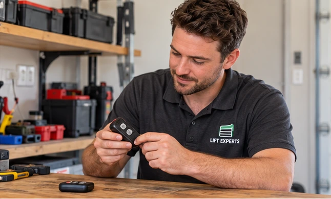 Lift Experts uniformed technician inspecting residential garage door equipment
