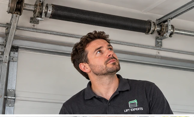 Lift Experts uniformed technician inspecting residential garage door equipment