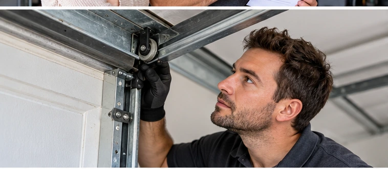 Lift Experts uniformed technician inspecting residential garage door equipment